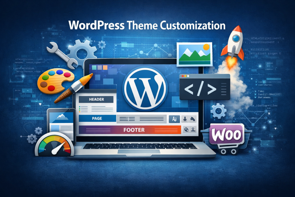 WordPress Theme Customization service showing custom design, coding, and WooCommerce integration